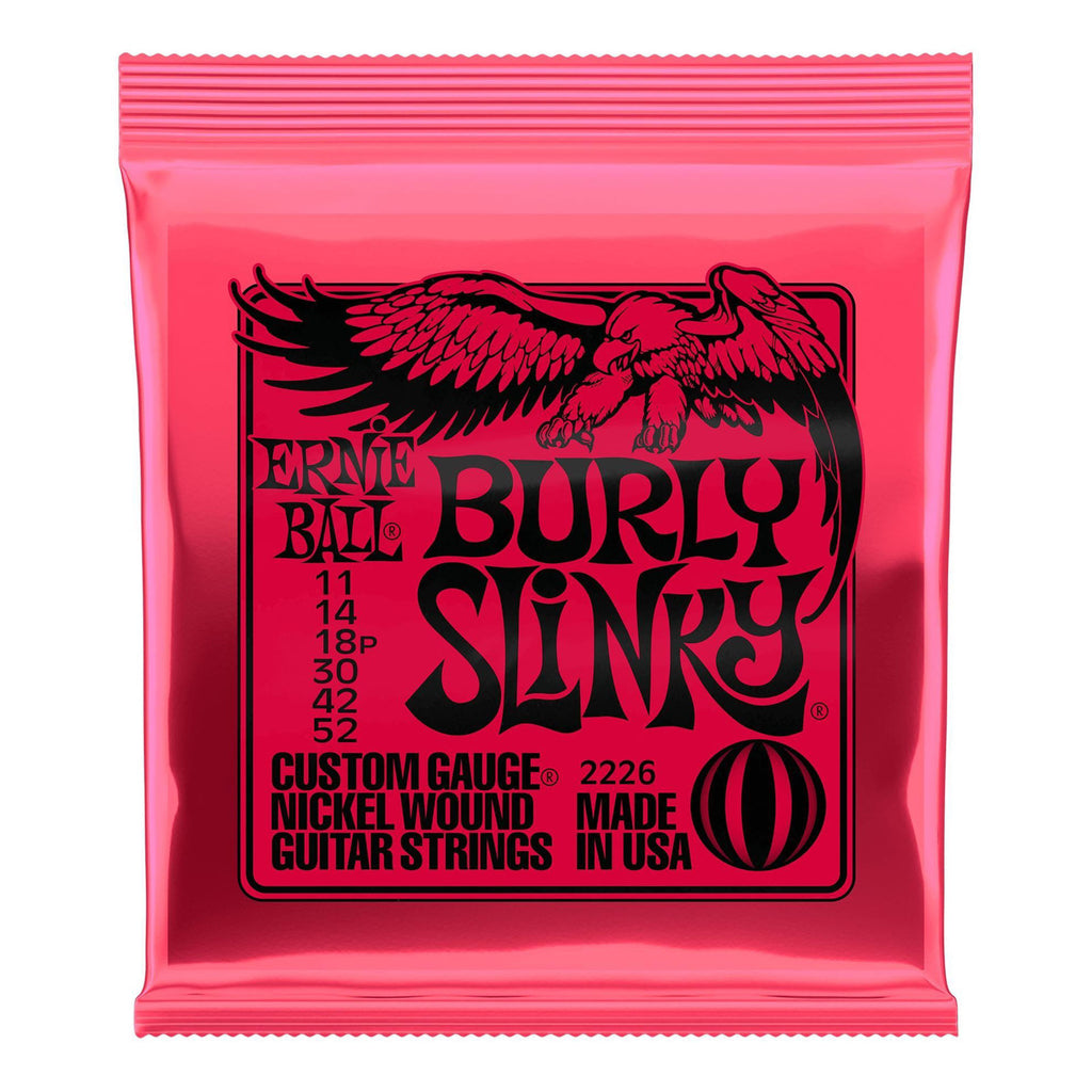 Ernie Ball 2226 Burly Slinky nickel wound electric guitar strings, 11-52 gauge, arranged on a guitar neck.
