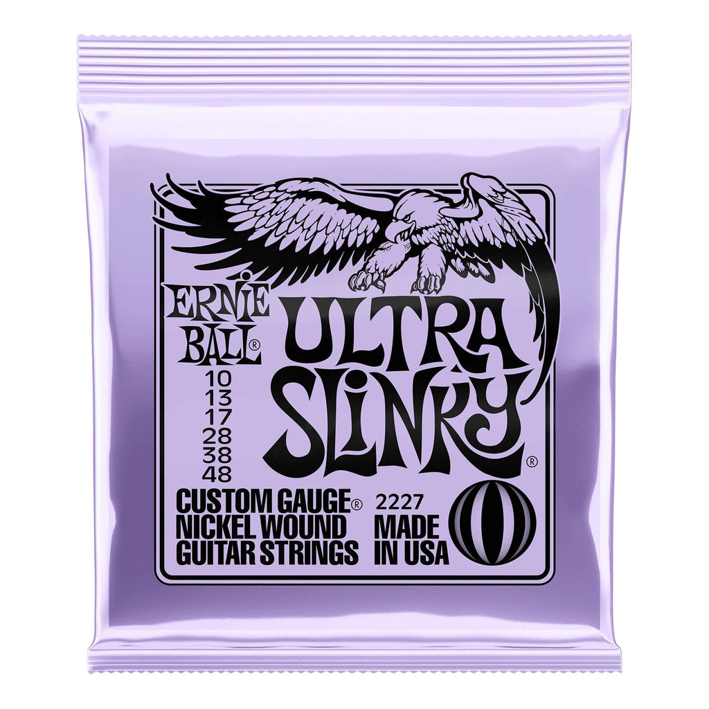 Ernie Ball 2227 Ultra Slinky Nickel Wound Electric Guitar Strings, 10-48 gauge, shown on a guitar.