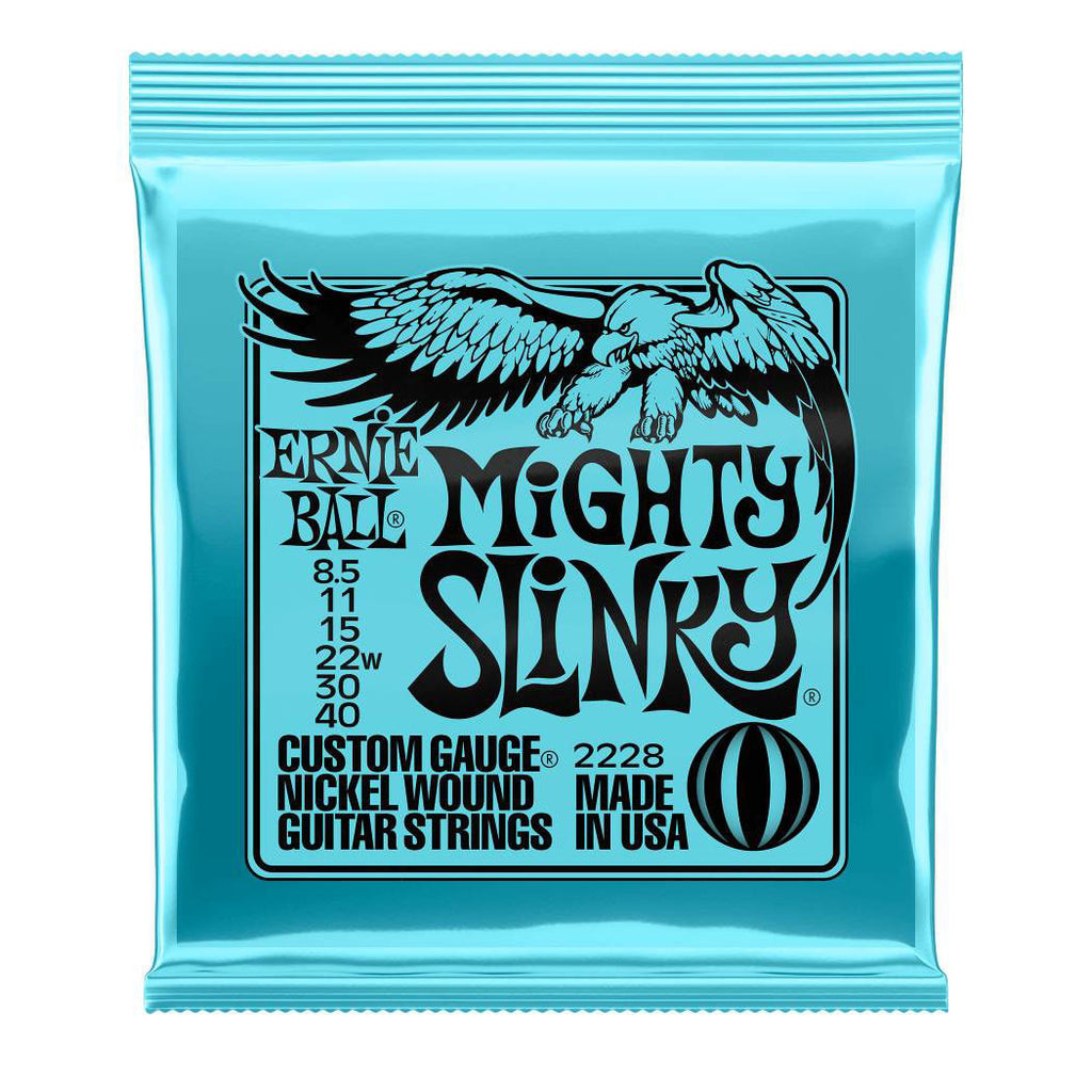 Ernie Ball 2228 Mighty Slinky nickel wound electric guitar strings in 8.5-40 gauge, shown on a guitar.