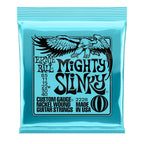 Ernie Ball 2228 Mighty Slinky nickel wound electric guitar strings in 8.5-40 gauge, shown on a guitar.