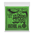 Ernie Ball 2230 8-40 Slinky 12-string nickel wound electric guitar strings laid out on a white background.
