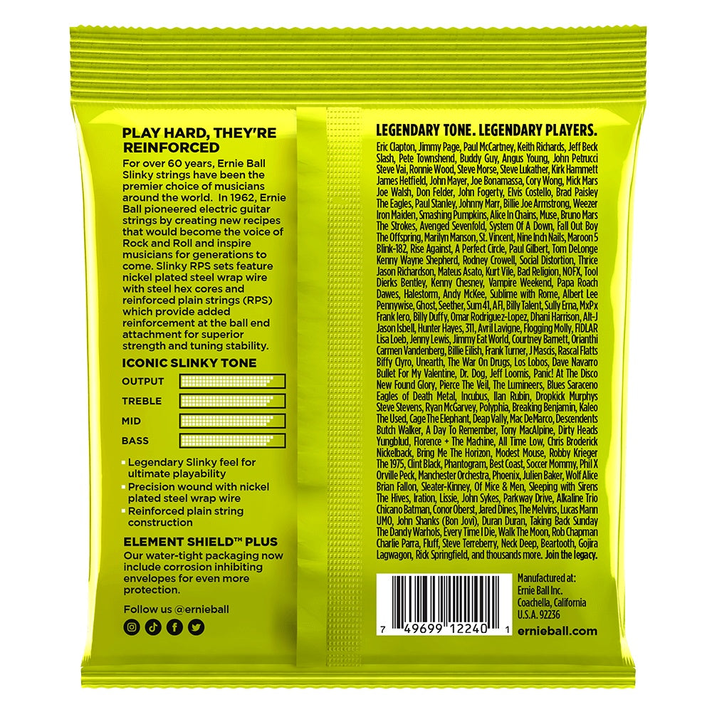 Ernie Ball 2240 Regular Slinky RPS nickel wound electric guitar strings on a guitar, showcasing their shiny, smooth finish.
