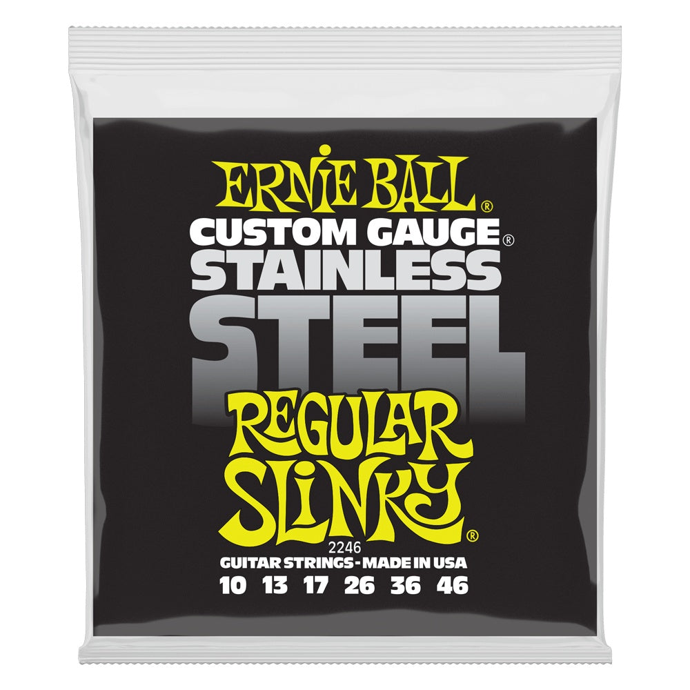 Ernie Ball E2246 10-46 Regular Slinky electric guitar strings on a spool, made of stainless steel for electric guitar playing.