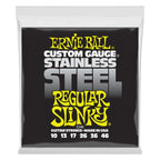 Ernie Ball E2246 10-46 Regular Slinky electric guitar strings on a spool, made of stainless steel for electric guitar playing.