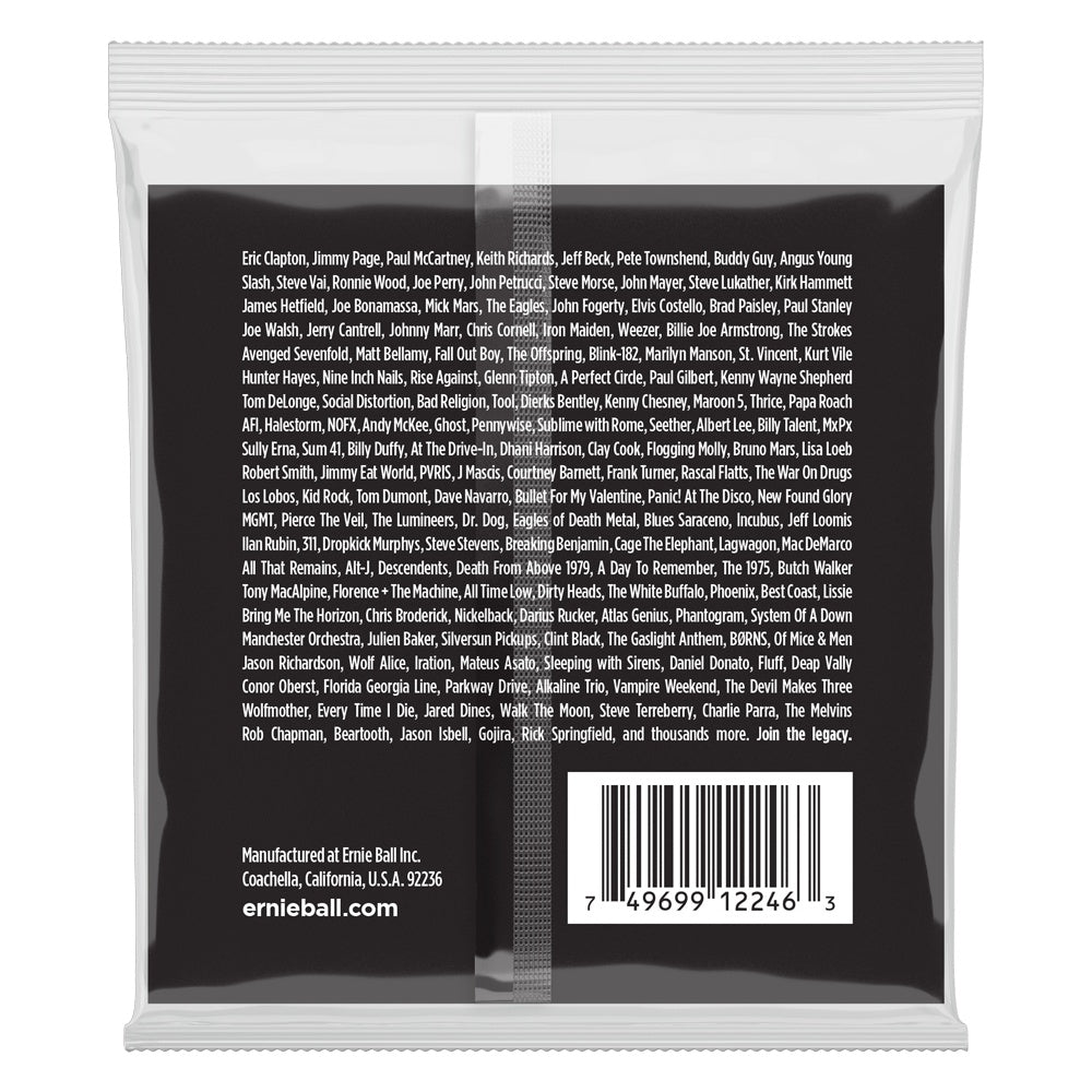 Ernie Ball E2246 10-46 Regular Slinky electric guitar strings on a guitar, showcasing the steel construction and packaging.