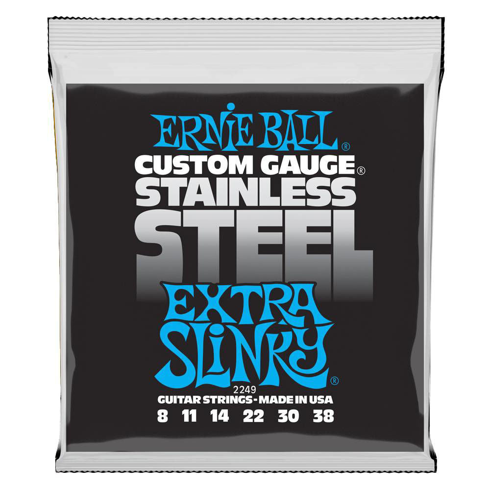 Electric guitar strings by Ernie Ball, Ernie 2249 08, 38-ball extra slinky stainless steel wound strings, shown in the image.