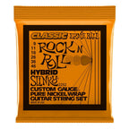 Ernie Ball Hybrid Slinky electric guitar strings in 9-46 gauge, shown on a guitar, designed for classic rock and roll sound.