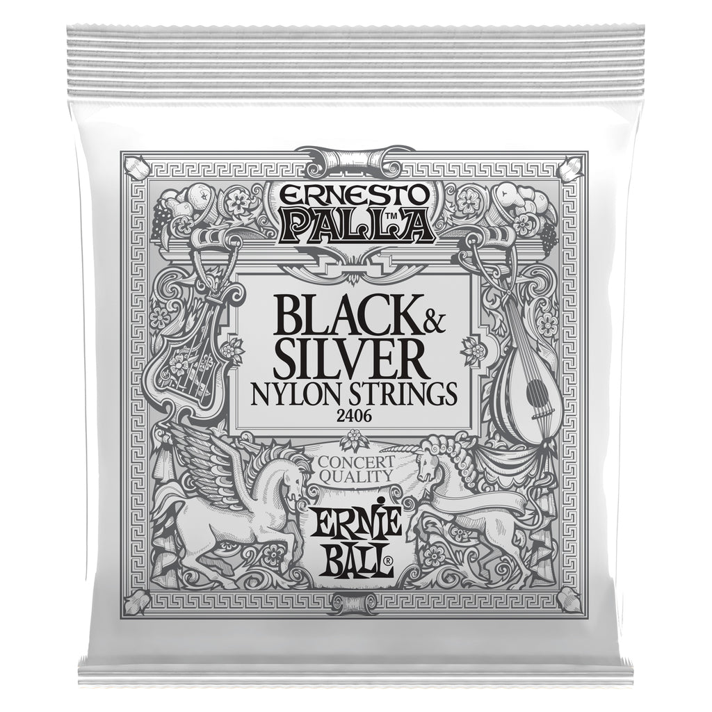 Ernie Ball Ernesto Palla nylon classical guitar strings in black and silver, shown on a guitar.