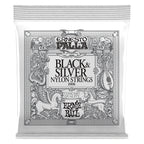 Ernie Ball Ernesto Palla nylon classical guitar strings in black and silver, shown on a guitar.