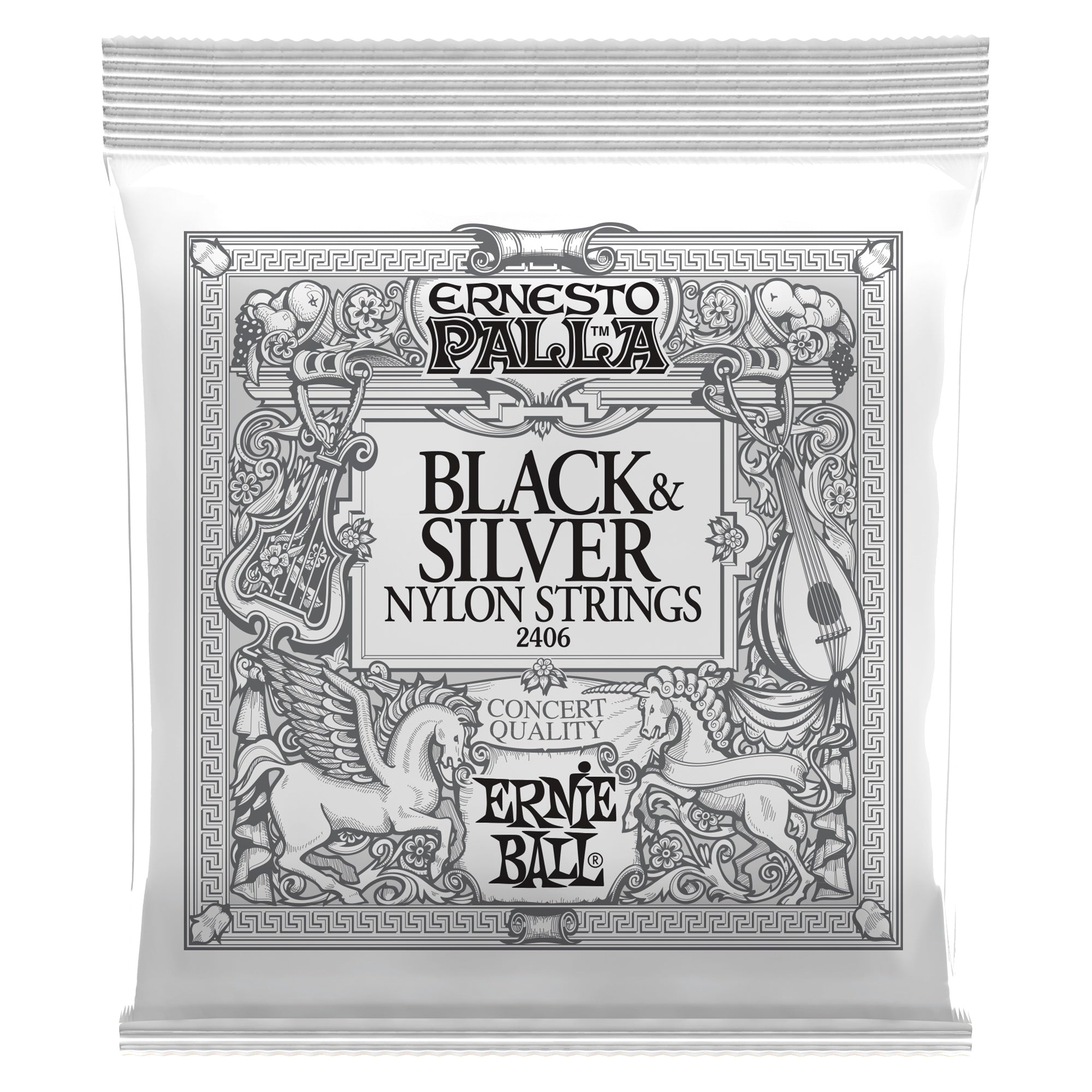 Ernie Ball Ernesto Palla nylon classical guitar strings in black and silver, shown on a guitar.