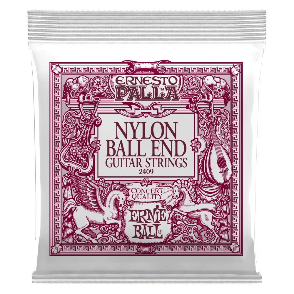 Ernie Ball 2409 Ernesto Palla nylon classical guitar strings with nylon ball E, showing the packaging and string details.