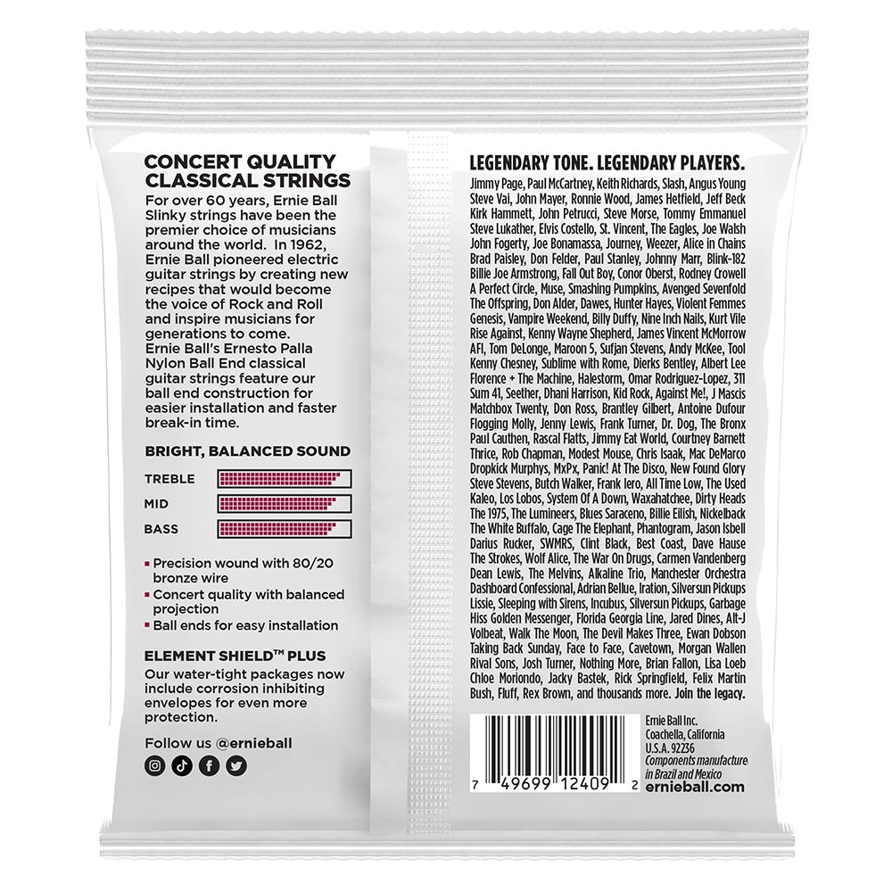 Ernie Ball Ernesto Palla nylon classical guitar strings with nylon ball E, shown on a guitar.