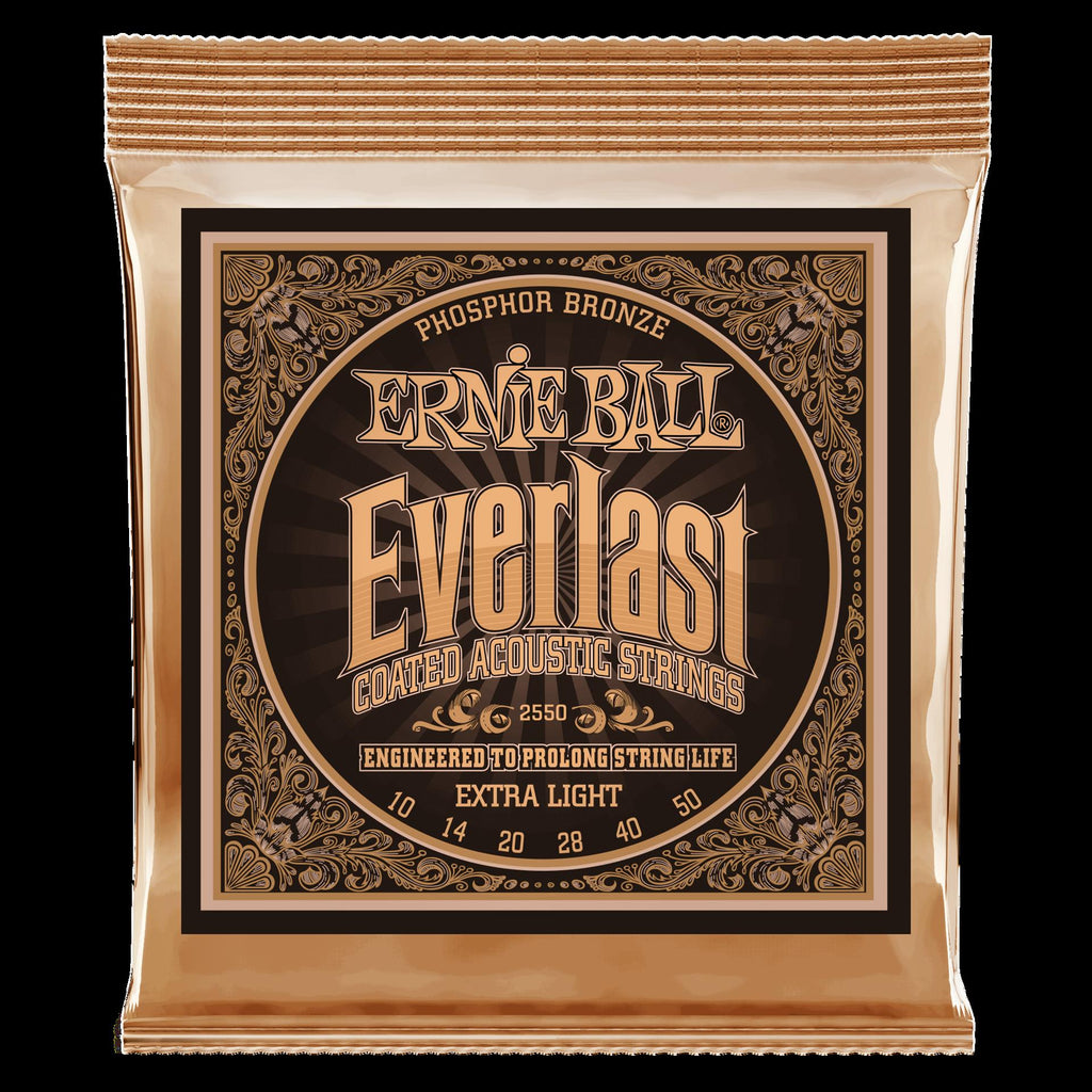 Ernie Ball 2550 Everlast extra light coated phosphor bronze acoustic guitar strings, close-up view of the strings on a guitar