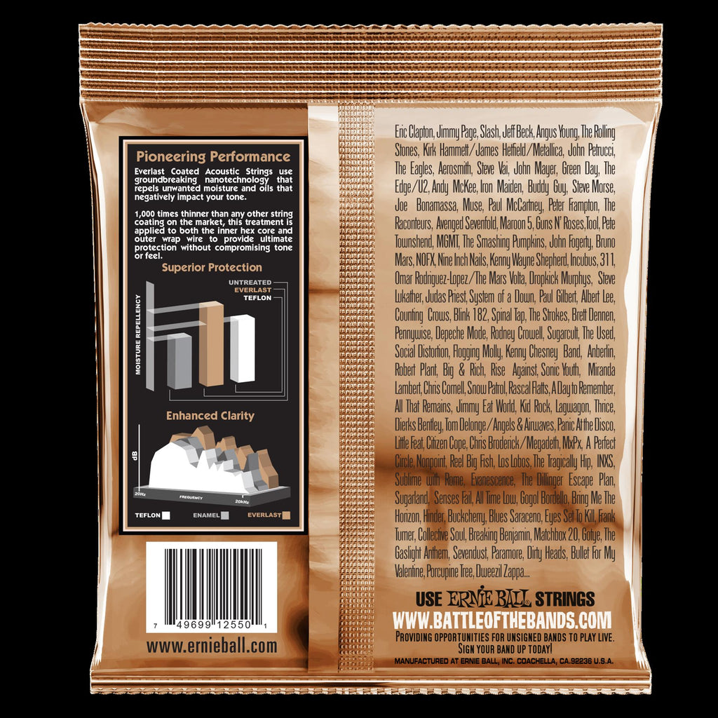 Ernie Ball 2550 Everlast extra light coated phosphor bronze acoustic guitar strings on a guitar, showcasing the packaging and strings.