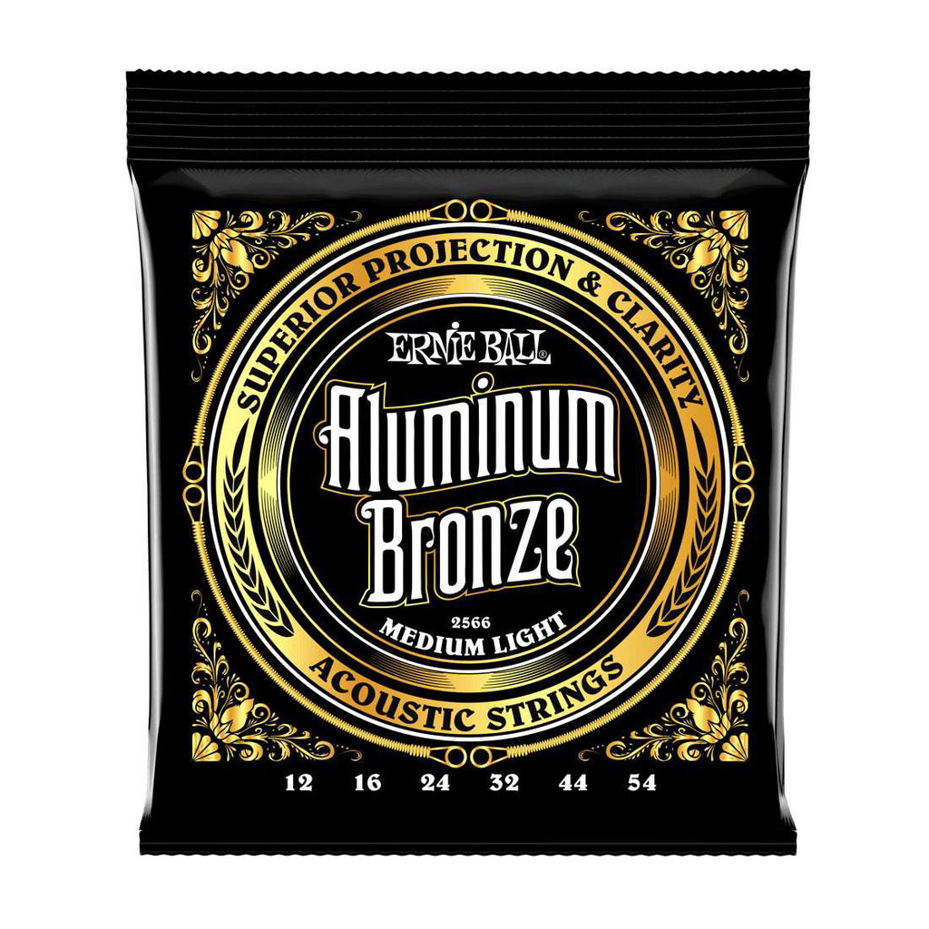 Ernie Ball 2566 medium light aluminum bronze acoustic guitar strings shown on a guitar, designed for rich sound and durability.