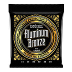 Ernie Ball 2568 light aluminum bronze acoustic guitar strings shown on a guitar, highlighting their bright finish and packaging.