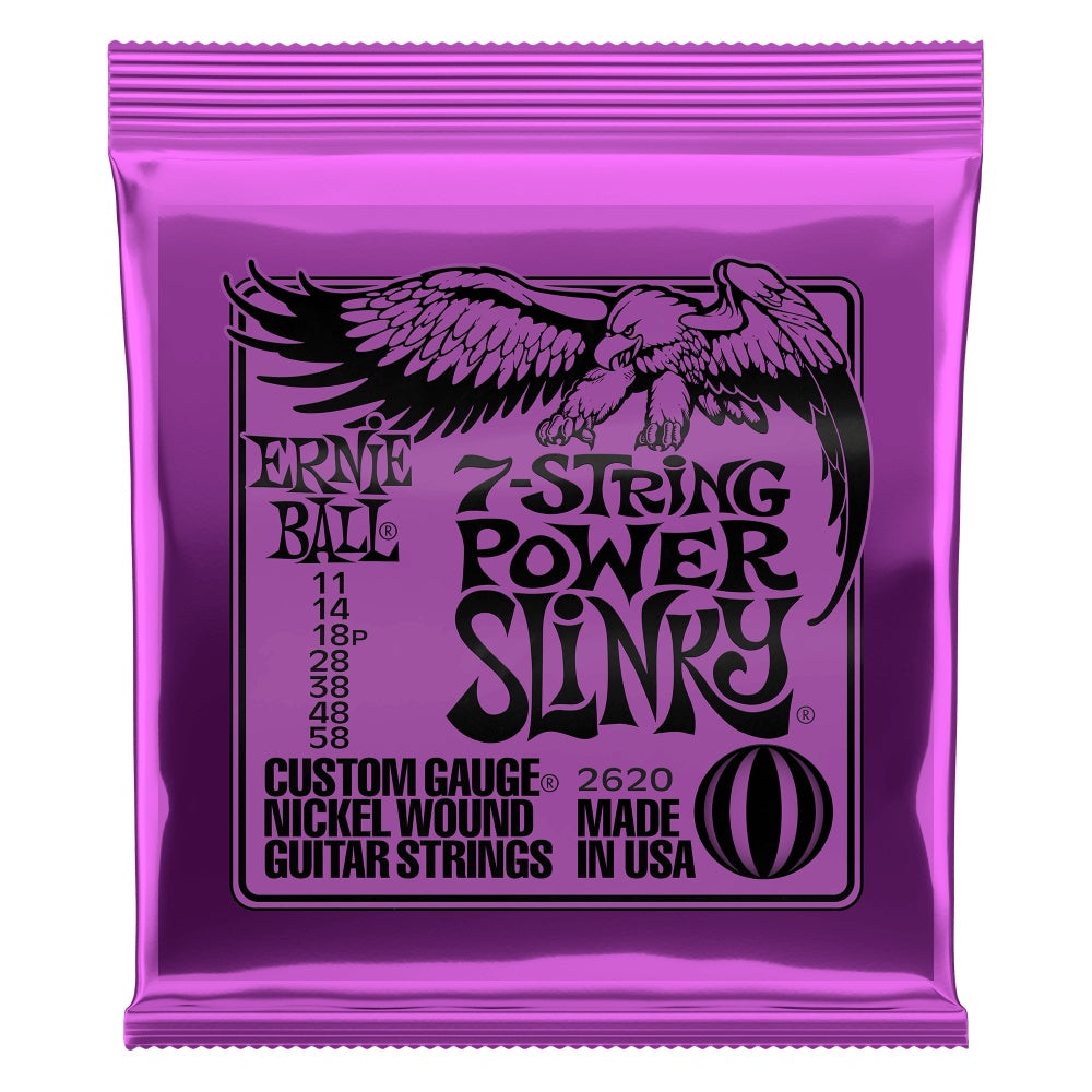 Ernie Ball 2620 Power Slinky 7-string electric guitar strings with nickel wound, shown on a guitar.