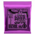 Ernie Ball 2620 Power Slinky 7-string electric guitar strings with nickel wound, shown on a guitar.