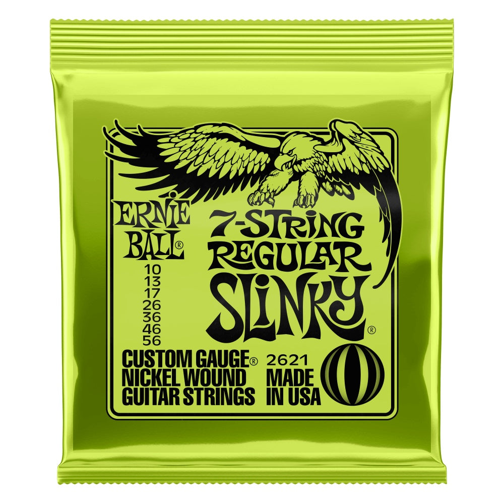 Ernie Ball E2621 10-56 Regular Slinky 7-string electric guitar strings, coils of metal strings on a guitar.