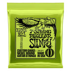 Ernie Ball E2621 10-56 Regular Slinky 7-string electric guitar strings, coils of metal strings on a guitar.