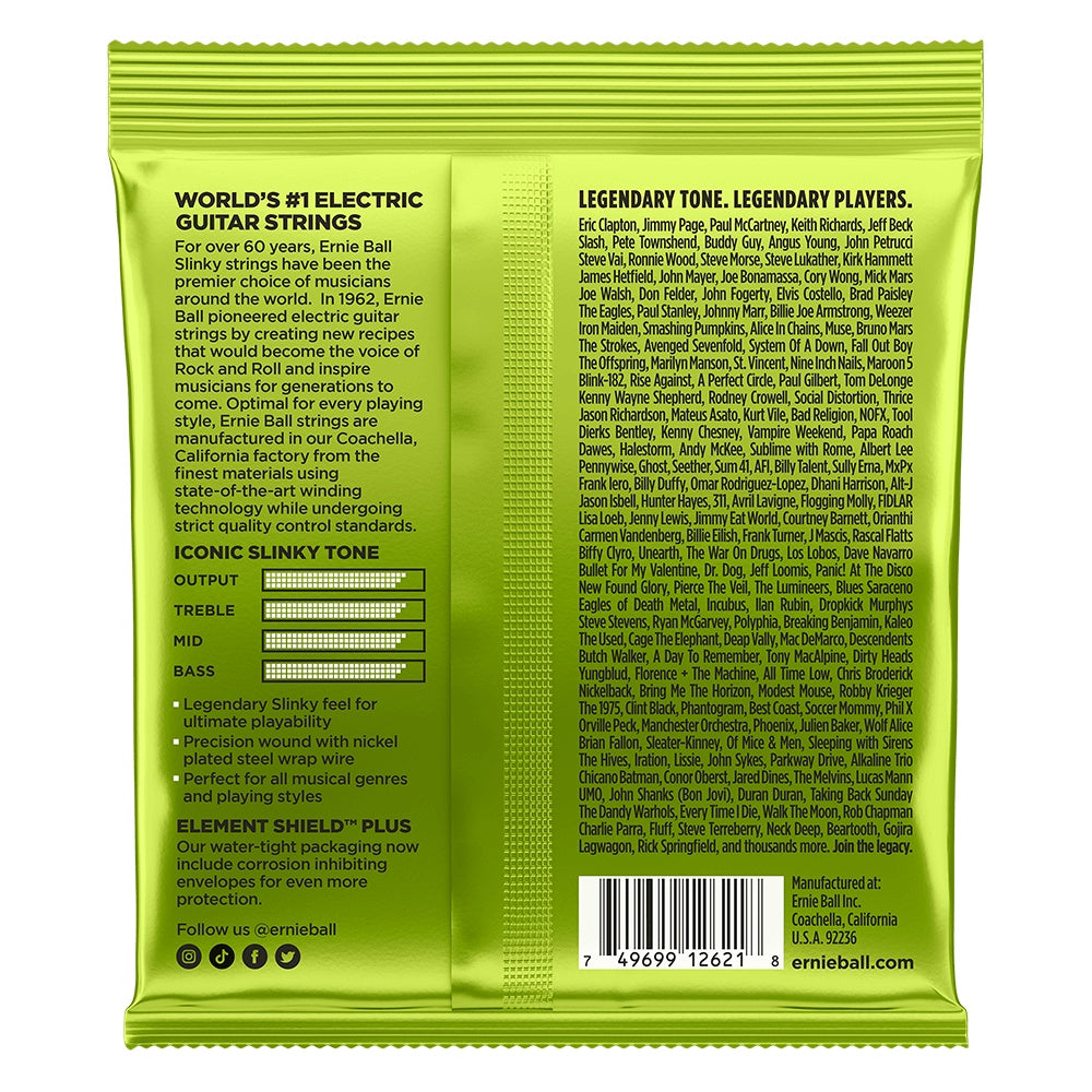 Ernie Ball E2621 10-56 Regular Slinky 7-string electric guitar strings laid out on a white background.