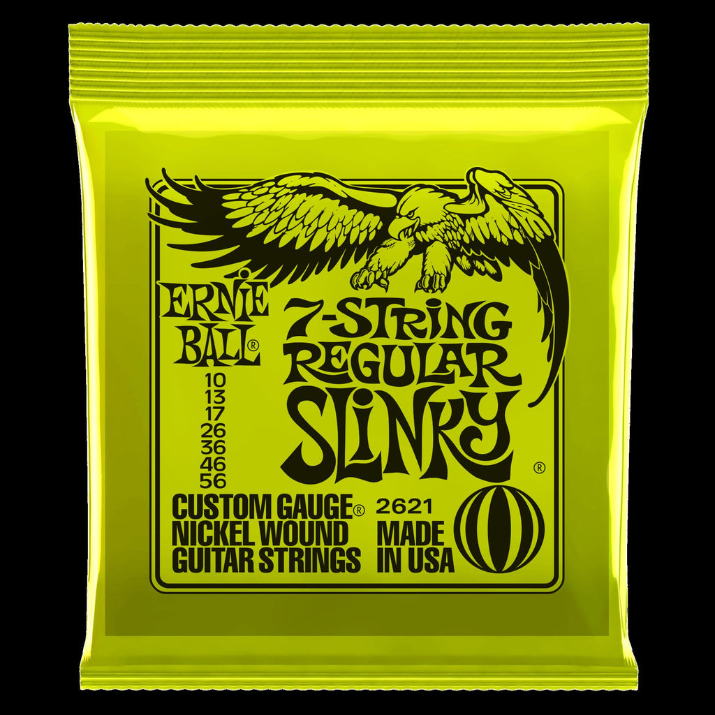 Ernie Ball 2621 Regular Slinky 7-string nickel wound electric guitar strings on a guitar, showcasing the product and packaging.