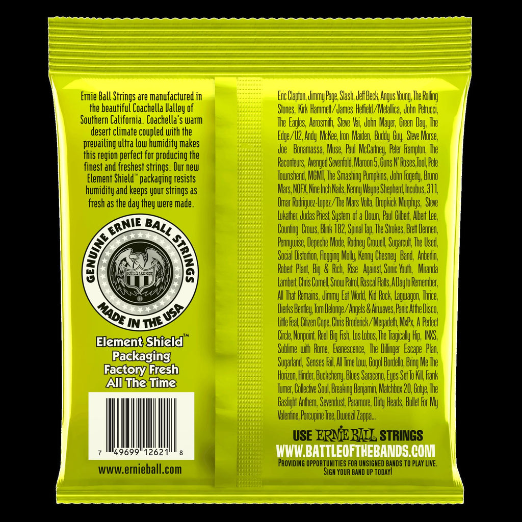 Ernie Ball 2621 Regular Slinky 7-string nickel wound electric guitar strings on a guitar, showcasing the shiny, wound metal strings.