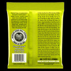 Ernie Ball 2621 Regular Slinky 7-string nickel wound electric guitar strings on a guitar, showcasing the shiny, wound metal strings.
