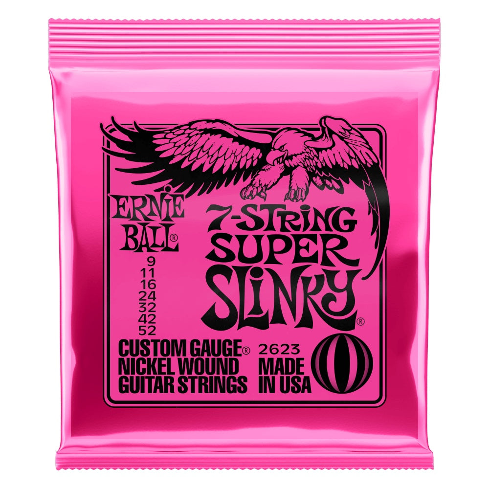 Ernie Ball 2623 Super Slinky 7-string electric guitar strings with nickel winding, shown on a guitar.