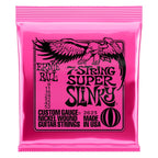 Ernie Ball 2623 Super Slinky 7-string electric guitar strings with nickel winding, shown on a guitar.