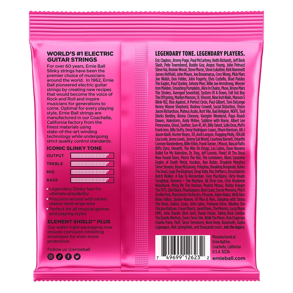 Ernie Ball Super Slinky 7-string electric guitar strings with nickel wound metal, shown on a guitar.