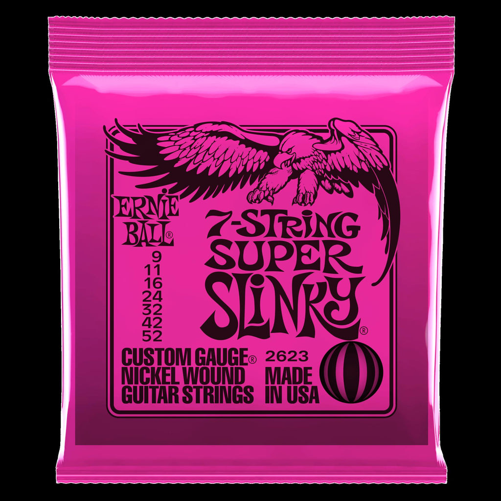 Ernie Ball 2623 Super Slinky 7-string nickel wound electric guitar strings on a guitar, showcasing the shiny metallic strings.