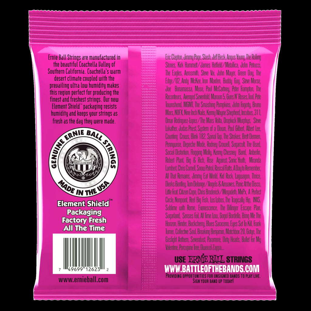 Ernie Ball Super Slinky 7-string electric guitar strings with nickel wound, shown on a guitar.