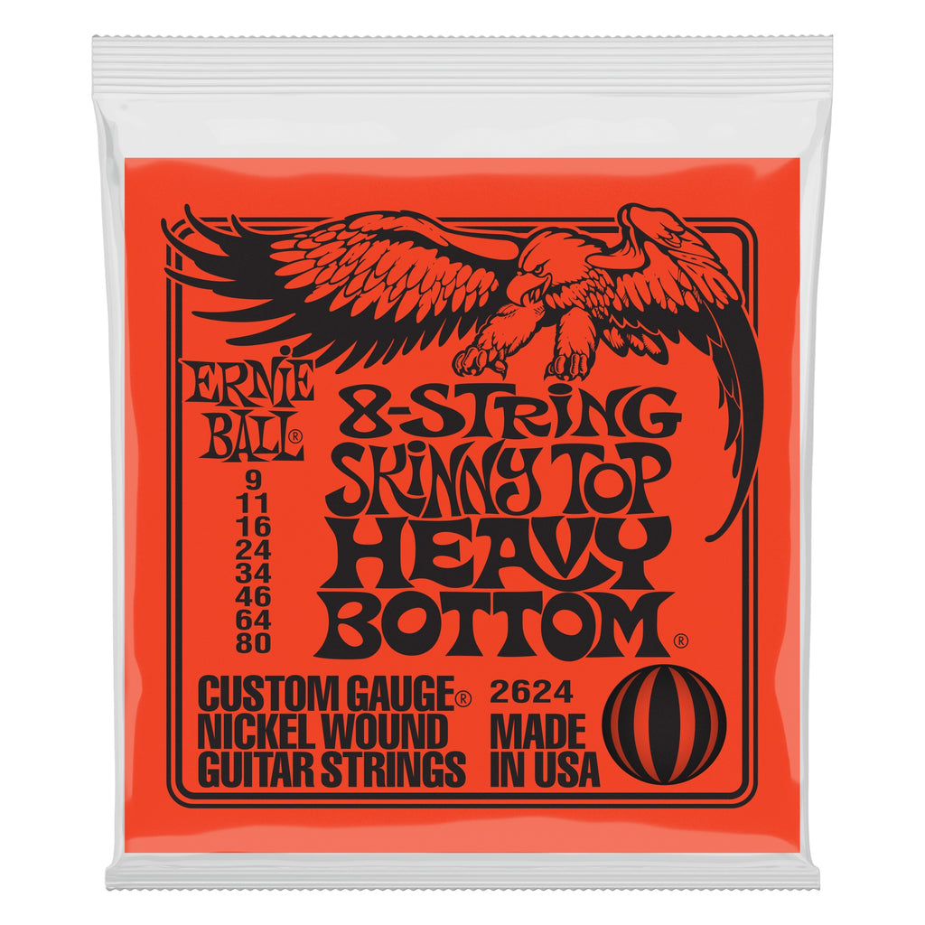 Ernie Ball E2624 09-80 electric guitar strings, Skinny Top/Hvy Bottom 8-string set, with packaging and strings visible in the image.