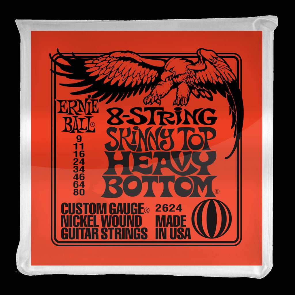 Ernie Ball Skinny Top Heavy Bottom Slinky 8-string electric guitar strings, showing the package with eight guitar strings on a white background.