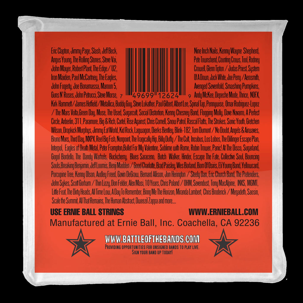 Ernie Ball Skinny Top Heavy Bottom Slinky 8-string electric guitar strings, showing the packaging and strings.