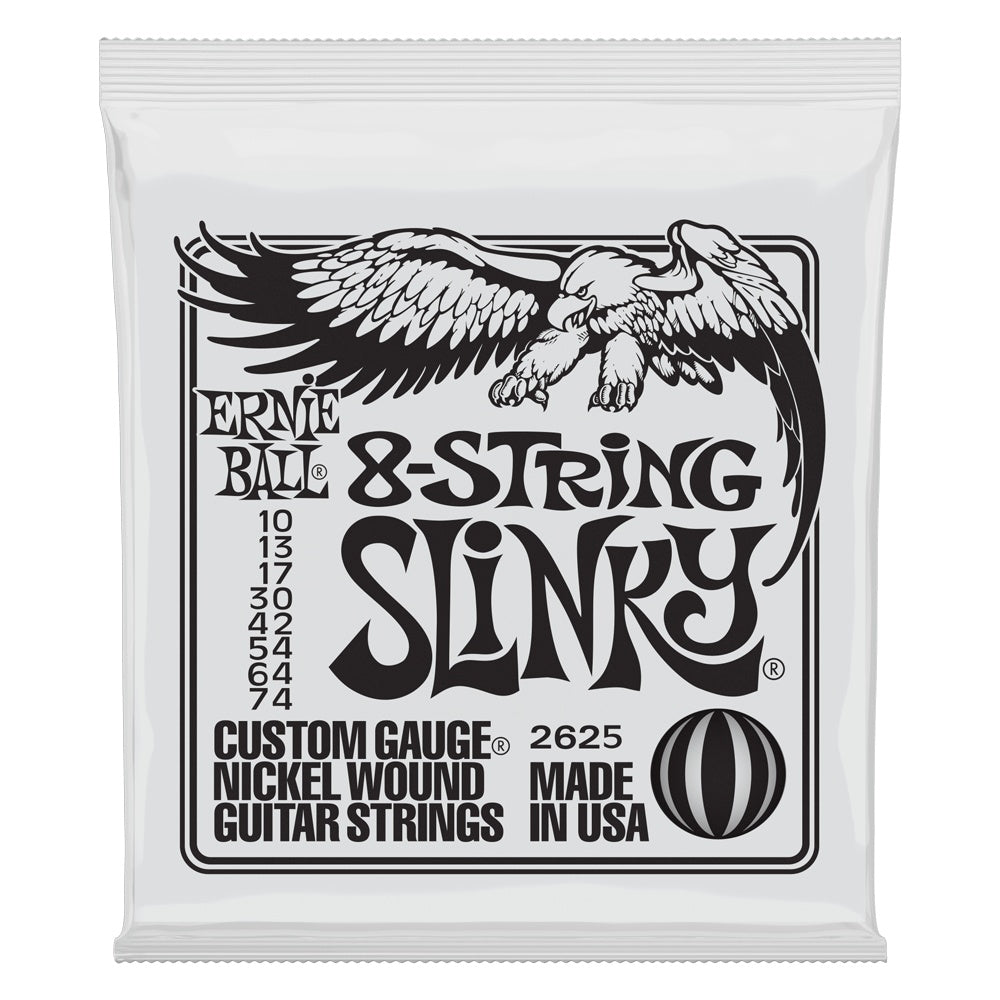 Ernie Ball Slinky 8-string nickel wound electric guitar strings, close-up view showing metallic strings on a guitar.
