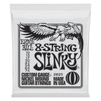 Ernie Ball Slinky 8-string nickel wound electric guitar strings, close-up view showing metallic strings on a guitar.