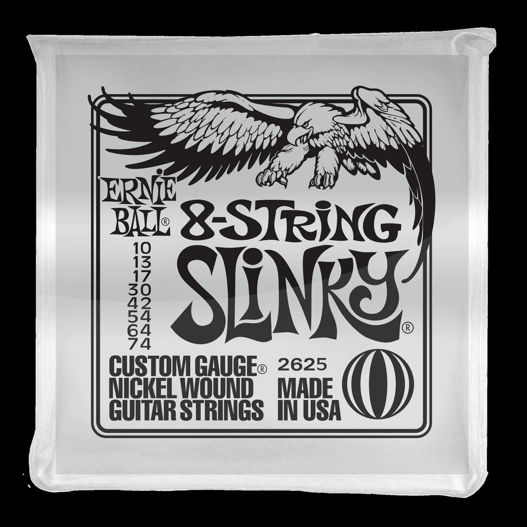Ernie Ball 2625 Slinky 8-string nickel wound electric guitar strings on a guitar, showcasing the packaging and strings.