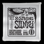 Ernie Ball 2625 Slinky 8-string nickel wound electric guitar strings on a guitar, showcasing the packaging and strings.