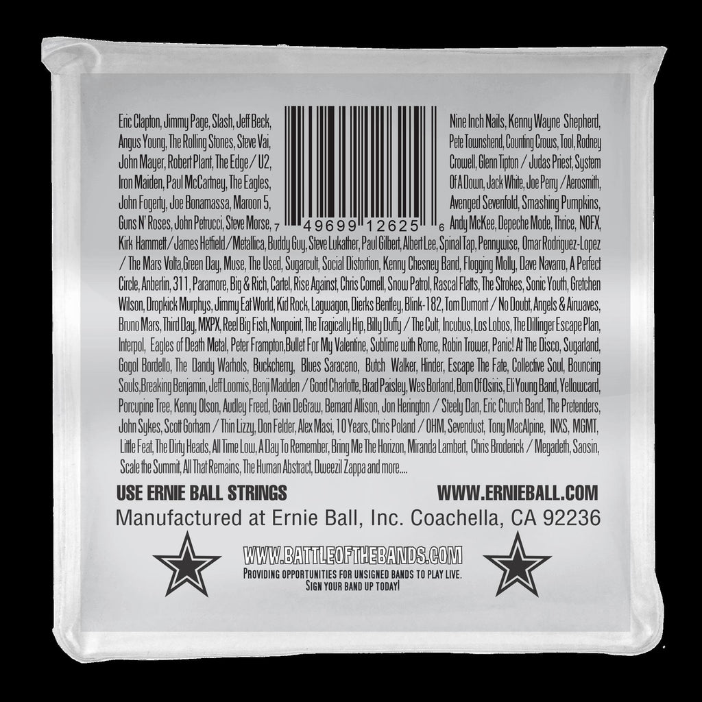 Ernie Ball 2625 Slinky 8-string nickel wound electric guitar strings displayed on a guitar.