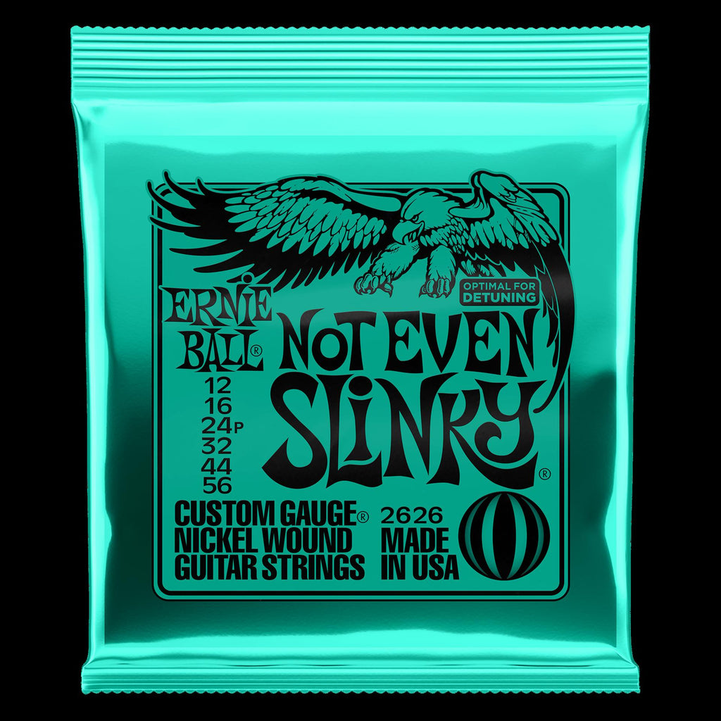 Ernie Ball 2626 Not Even Slinky Nickel Wound Electric Guitar Strings, set of six strings on a guitar.