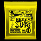 Electric guitar strings by Mega Music, Ernie Ball 2627 Beefy Slinky Nickel Wound set, showing the packaged strings for electric guitars.