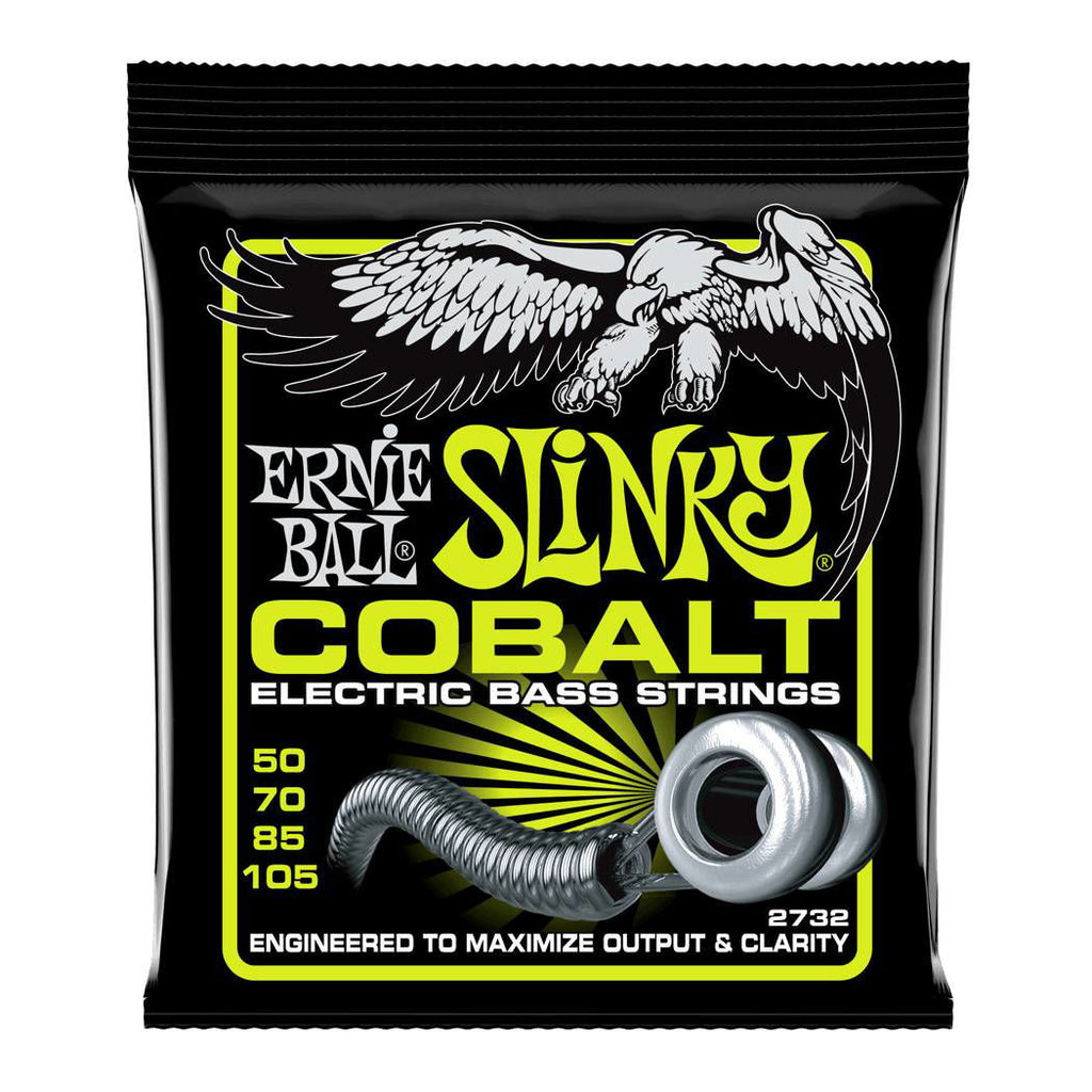 Ernie Ball 2732 Regular Slinky Cobalt electric bass guitar strings, 50-105 gauge, shown on a bass guitar in a close-up image.