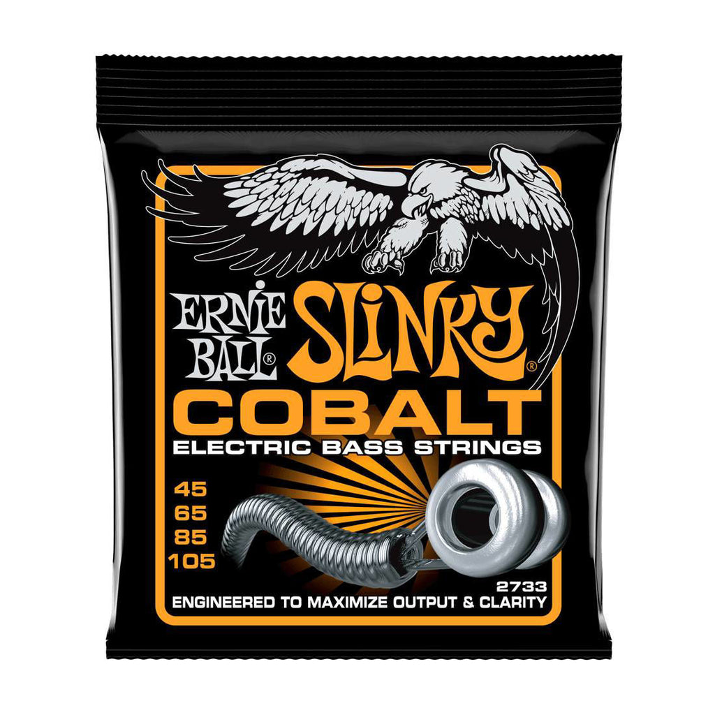 Ernie Ball Hybrid Slinky Cobalt electric bass guitar strings, six-string set, with packaging and branding visible.