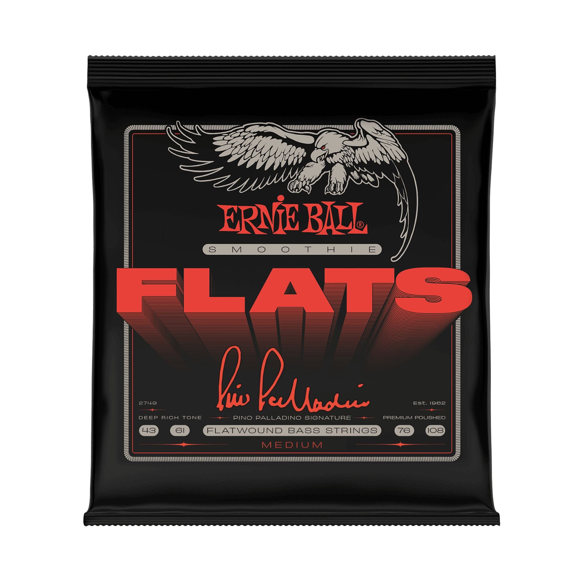 Ernie Ball Pino Palladino Smoothie flatwound bass strings set, 43-108 gauge, displayed on a white background.