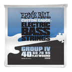 Ernie Ball 2808 Flatwound Group IV electric bass strings, close-up of the packaged set with string details visible.