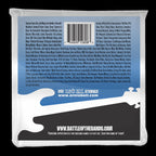 Close-up of Ernie Ball 2808 Flatwound Group IV electric bass strings coiled on a white background