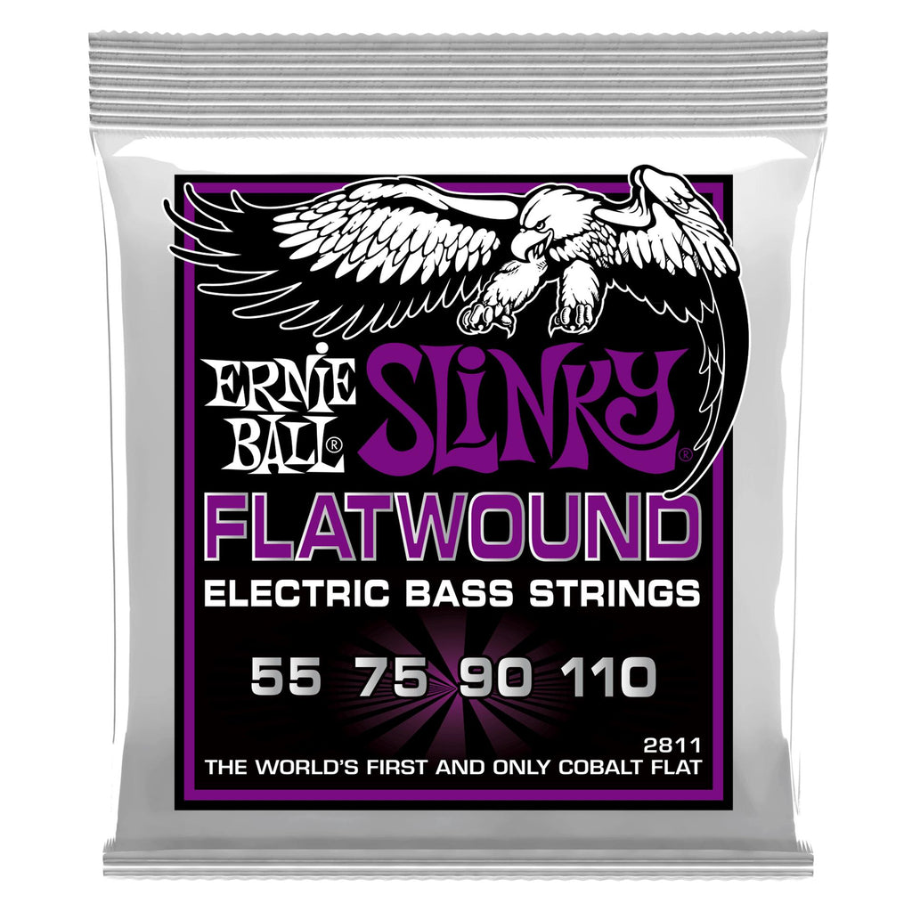 Ernie Ball Power Slinky Flatwound electric bass strings on a spool, designed for smooth tone and durability for bass guitars.