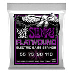 Ernie Ball Power Slinky Flatwound electric bass strings on a spool, designed for smooth tone and durability for bass guitars.